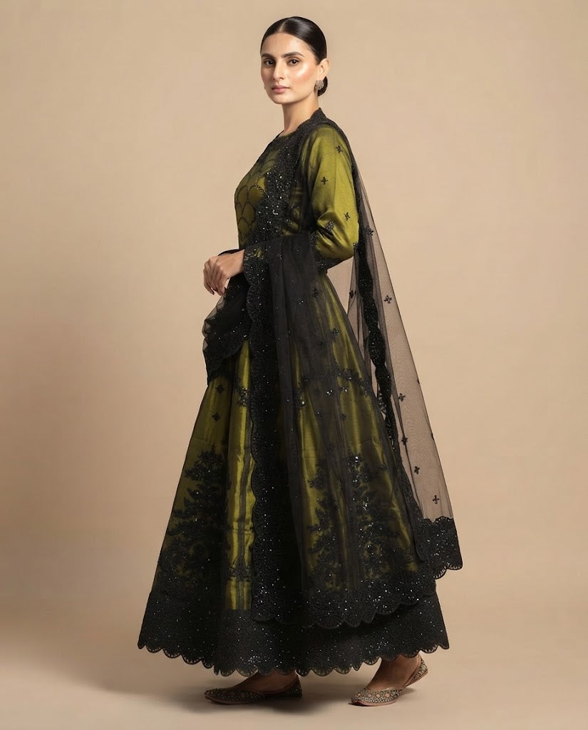 Olive Green and Black Lehenga Choli