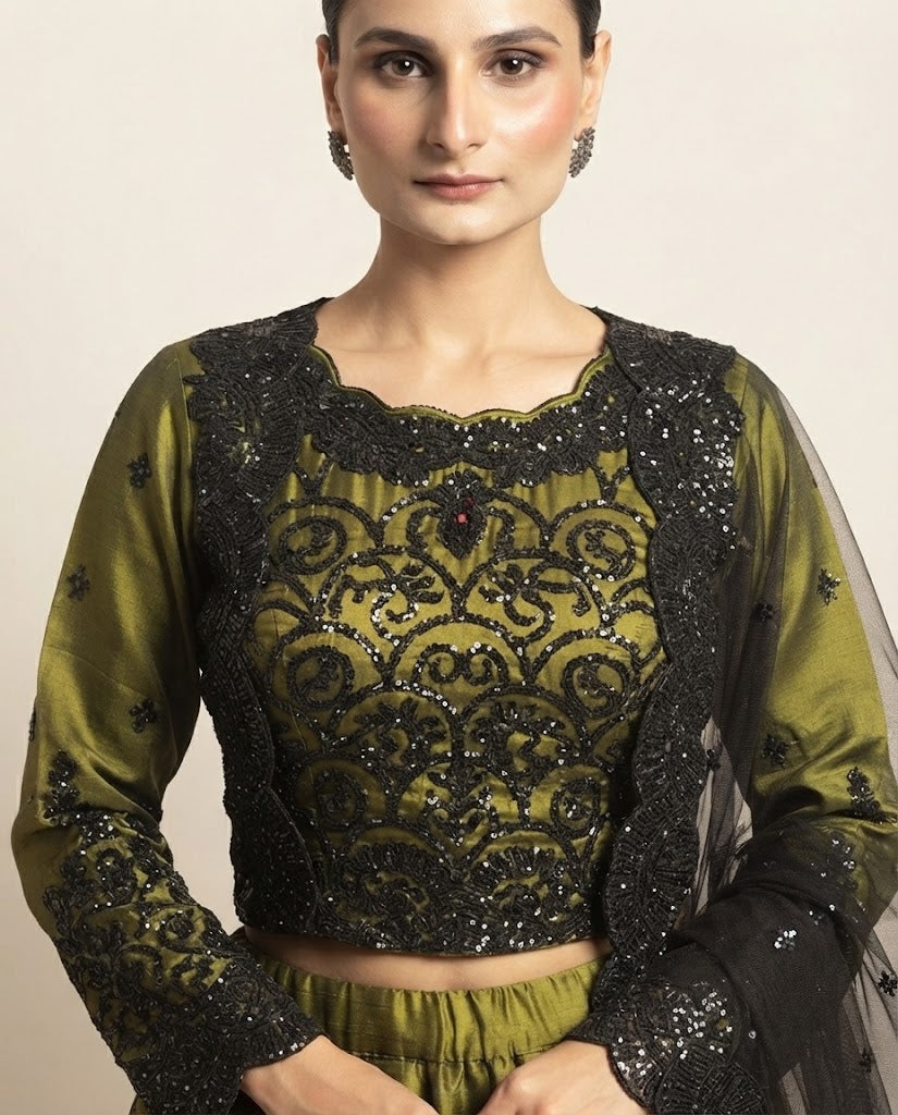 Olive Green and Black Lehenga Choli