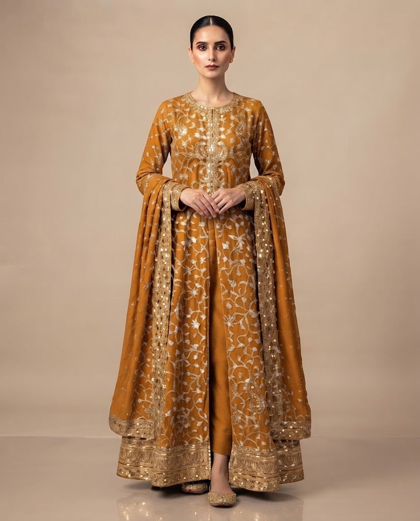 Mustard Gold Embroidered Maxi