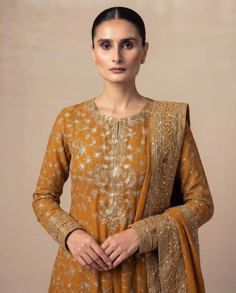 Mustard Gold Embroidered Maxi