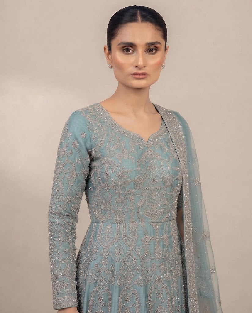 Dusty Aqua Blue Embellished Long Frock