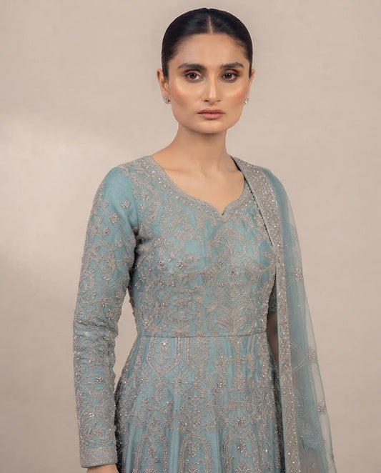 Dusty Aqua Blue Embellished Long Frock