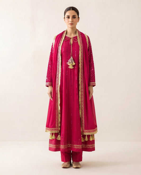 Maroon 3-Piece Suit with Matching Dupatta
