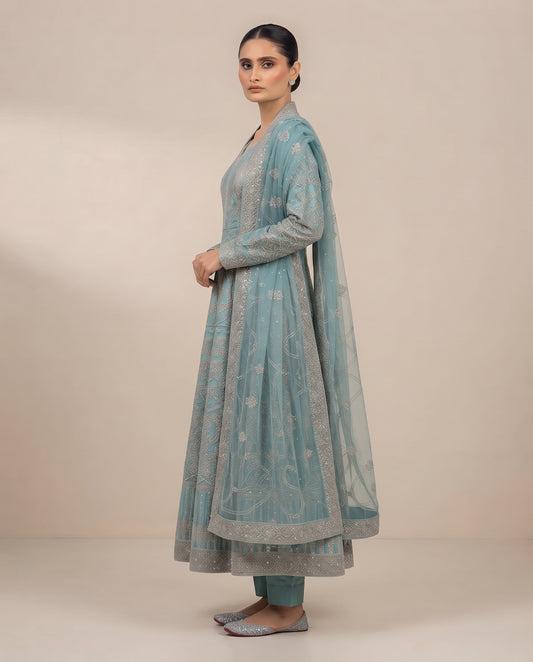 Dusty Aqua Blue Embellished Long Frock