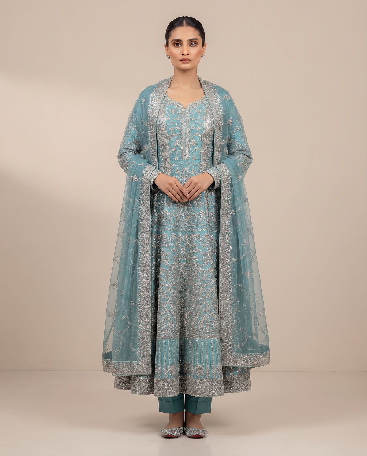 Dusty Aqua Blue Embellished Long Frock
