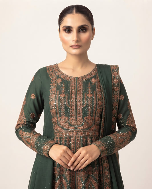 Forest Green Embellished Long Frock