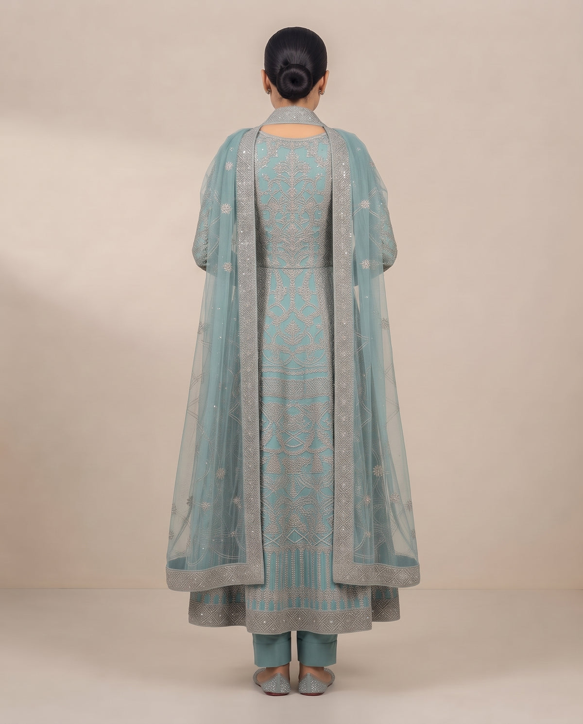 Dusty Aqua Blue Embellished Long Frock