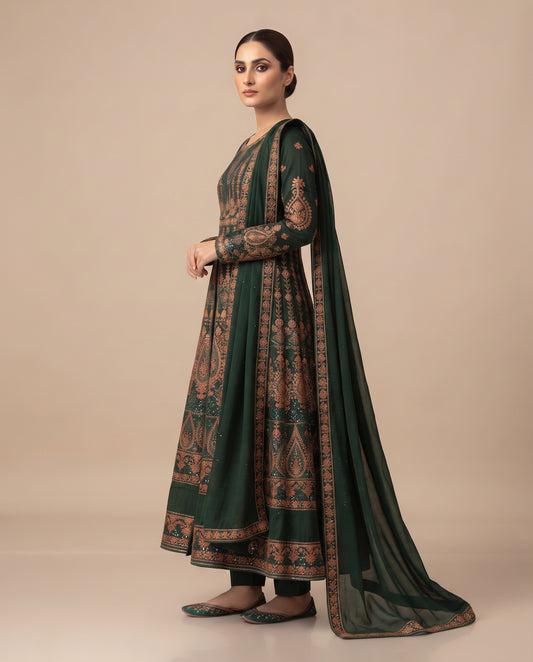 Forest Green Embellished Long Frock