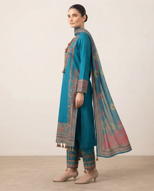 Turquoise Blue Embroidered 3-Piece