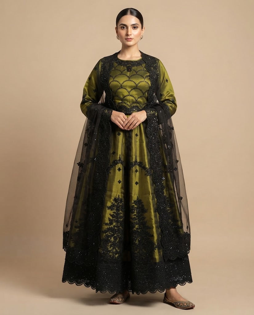 Olive Green and Black Lehenga Choli