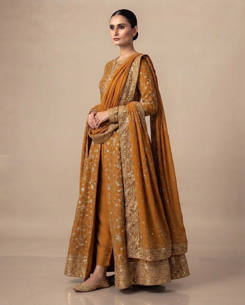 Mustard Gold Embroidered Maxi